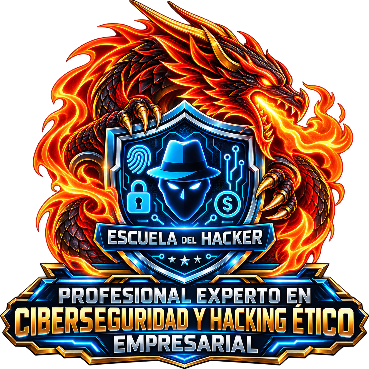 Emblema dragón de ciberseguridad de la certificación CBHPX de Escuela del Hacker